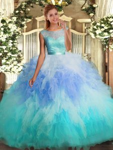 High Class Multi-color Ball Gowns Scoop Sleeveless Tulle Floor Length Backless Lace and Ruffles Quinceanera Dresses