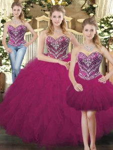 Glittering Floor Length Fuchsia Quinceanera Dress Sweetheart Sleeveless Lace Up