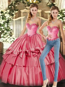 Cute Watermelon Red Sweetheart Neckline Beading and Ruffled Layers Sweet 16 Dresses Sleeveless Lace Up