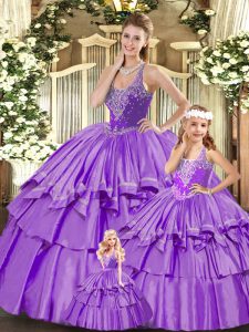 Inexpensive Floor Length Lilac Quinceanera Dresses Organza Sleeveless Beading and Ruffled Layers