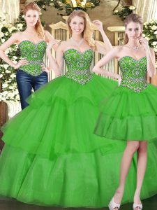 Floor Length Lace Up Quinceanera Gowns Green for Military Ball and Sweet 16 and Quinceanera with Beading and Ruffled Layers
