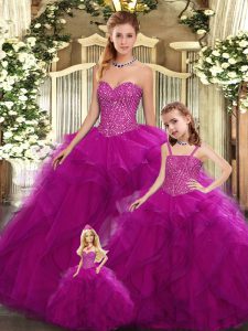 Flare Fuchsia Organza Lace Up Sweet 16 Dresses Sleeveless Floor Length Beading and Ruffles