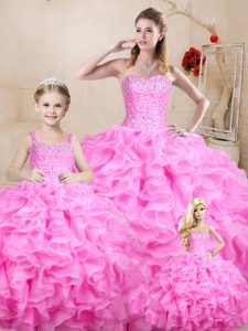 Hot Selling Floor Length Rose Pink Quinceanera Gown Organza Sleeveless Beading and Ruffles