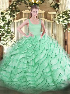 Apple Green Zipper Quinceanera Gowns Ruffled Layers Sleeveless Brush Train
