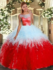 Eye-catching Scoop Sleeveless Quinceanera Dress Floor Length Lace and Ruffles Multi-color Organza
