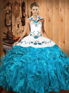 Modest Baby Blue Sleeveless Satin and Organza Lace Up Quinceanera Gown for Military Ball and Sweet 16 and Quinceanera