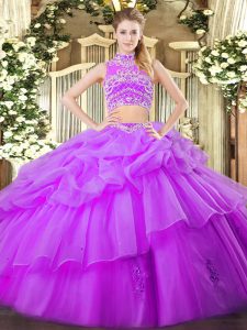Graceful High-neck Sleeveless Quinceanera Gowns Floor Length Beading and Ruffles and Pick Ups Eggplant Purple Tulle