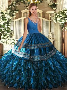 Modest V-neck Sleeveless Backless Quinceanera Gown Blue Organza