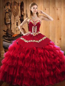 Wine Red Satin and Organza Lace Up Sweet 16 Quinceanera Dress Sleeveless Floor Length Embroidery and Ruffled Layers