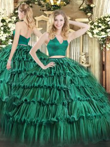 Extravagant Halter Top Sleeveless Quinceanera Dresses Floor Length Ruffled Layers Dark Green Organza
