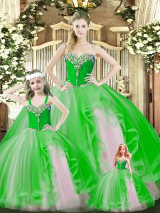 Designer Sleeveless Floor Length Beading and Ruffles Lace Up Quinceanera Dress with Green