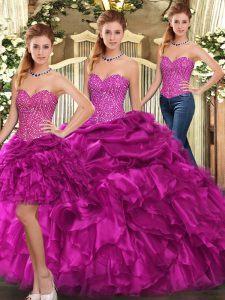 Most Popular Fuchsia Three Pieces Beading and Ruffles Quinceanera Dress Lace Up Organza Sleeveless Floor Length
