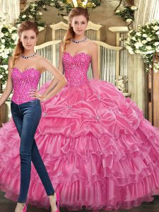 Rose Pink Organza Lace Up Sweetheart Sleeveless Floor Length Quinceanera Dresses Beading and Ruffles