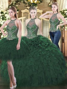 Dark Green Quinceanera Gowns Military Ball and Sweet 16 and Quinceanera with Beading and Ruffles High-neck Sleeveless Lace Up