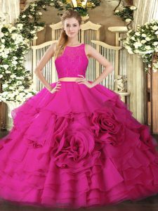 Stunning Floor Length Zipper Sweet 16 Quinceanera Dress Hot Pink for Military Ball and Sweet 16 and Quinceanera with Ruffles