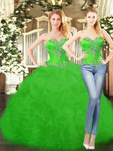 Unique Sleeveless Organza Floor Length Lace Up Quinceanera Dress in Green with Beading and Ruffles