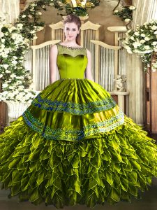 Floor Length Olive Green Quince Ball Gowns Organza and Taffeta Sleeveless Beading and Ruffles
