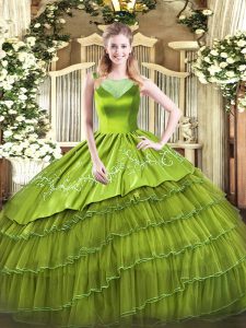 Enchanting Scoop Sleeveless Sweet 16 Dress Floor Length Beading and Embroidery Olive Green Organza