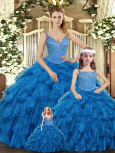 Lovely Ball Gowns Quinceanera Gowns Teal Straps Organza Sleeveless Floor Length Lace Up