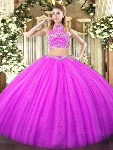 Lilac Sweet 16 Quinceanera Dress Military Ball and Sweet 16 and Quinceanera with Beading High-neck Sleeveless Backless