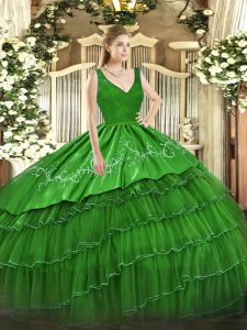 Pretty Green Sleeveless Beading and Embroidery and Ruffled Layers Floor Length Sweet 16 Quinceanera Dress