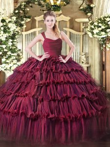 Burgundy Organza Zipper Straps Sleeveless Floor Length Ball Gown Prom Dress Ruffled Layers