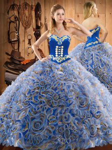 Custom Design Sweetheart Sleeveless Brush Train Lace Up Sweet 16 Dresses Multi-color Satin and Fabric With Rolling Flowers