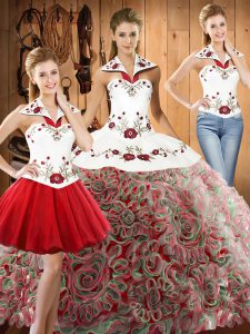 Sweet Floor Length Multi-color Quinceanera Dress Halter Top Sleeveless Lace Up