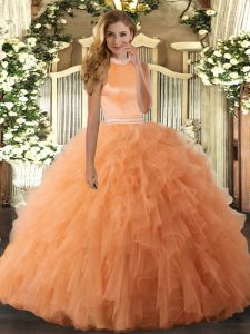 Orange Sleeveless Beading and Ruffles Floor Length Sweet 16 Dress