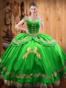 Off The Shoulder Sleeveless Quinceanera Gown Floor Length Beading and Embroidery Green Satin and Organza