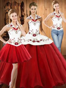 Suitable Wine Red Quinceanera Dress Military Ball and Sweet 16 and Quinceanera with Embroidery Halter Top Sleeveless Lace Up