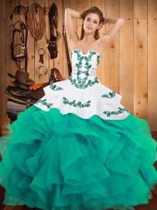 Strapless Sleeveless Satin and Organza Sweet 16 Dresses Embroidery and Ruffles Lace Up