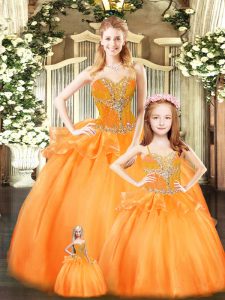 Luxury Tulle Sweetheart Sleeveless Lace Up Beading and Ruffles Quinceanera Dress in Orange Red