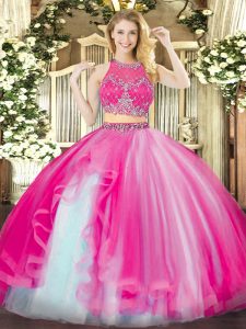 Beading and Ruffles 15th Birthday Dress Hot Pink Zipper Sleeveless Floor Length