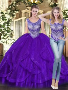 Traditional Floor Length Purple Sweet 16 Dresses Scoop Sleeveless Lace Up