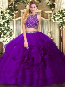 High-neck Sleeveless Sweet 16 Dresses Floor Length Beading and Ruffled Layers Eggplant Purple Tulle
