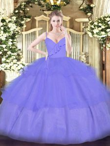 Captivating Floor Length Lavender 15th Birthday Dress Organza Sleeveless Ruffled Layers