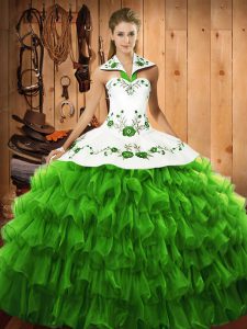 High End Floor Length Lace Up 15 Quinceanera Dress for Military Ball and Sweet 16 and Quinceanera with Embroidery and Ruffled Layers