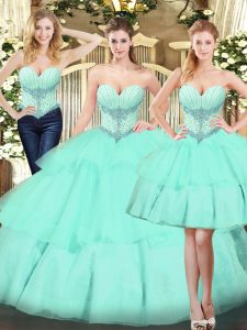 Romantic Apple Green Sweetheart Neckline Beading and Ruffled Layers Sweet 16 Quinceanera Dress Sleeveless Lace Up