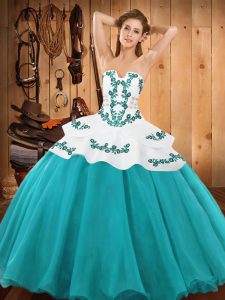 Teal Ball Gowns Satin and Organza Strapless Sleeveless Embroidery Floor Length Lace Up Quince Ball Gowns