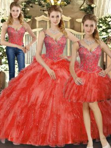 Red Sleeveless Organza Lace Up Quinceanera Dress for Military Ball and Sweet 16 and Quinceanera