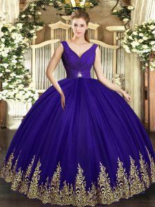 Purple V-neck Neckline Beading and Appliques Sweet 16 Quinceanera Dress Sleeveless Backless
