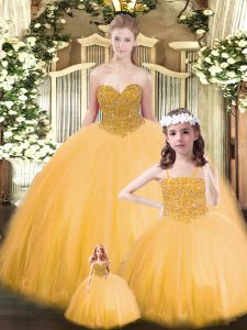 Floor Length Gold Quince Ball Gowns Tulle Sleeveless Beading