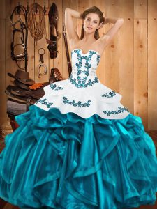 Embroidery and Ruffles Vestidos de Quinceanera Teal Lace Up Sleeveless Floor Length