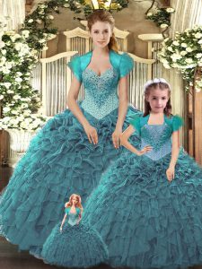 Teal Ball Gowns Tulle Straps Sleeveless Beading and Ruffles Floor Length Lace Up Ball Gown Prom Dress