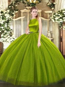 Attractive Olive Green Sleeveless Floor Length Belt Clasp Handle 15th Birthday Dress