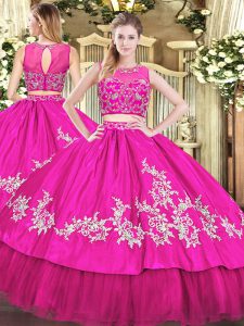 Customized Hot Pink Tulle Zipper 15th Birthday Dress Sleeveless Floor Length Beading and Appliques