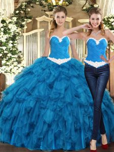 Beautiful Sweetheart Sleeveless Lace Up Quinceanera Dresses Teal Tulle