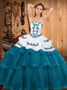 Teal Quinceanera Gown Strapless Sleeveless Sweep Train Lace Up