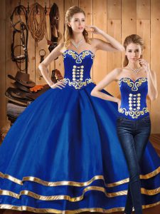 Edgy Blue Two Pieces Satin and Tulle Sweetheart Sleeveless Embroidery Floor Length Lace Up Sweet 16 Dresses